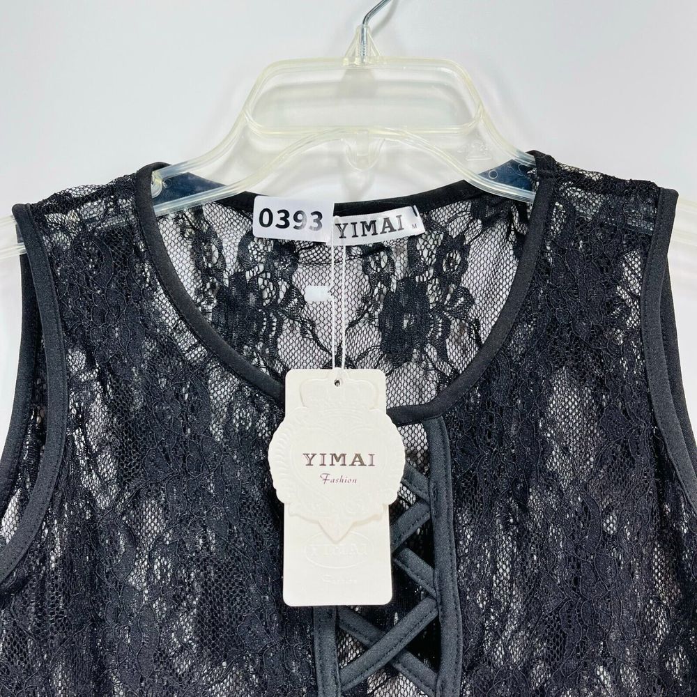 Yimai Sheer Mesh Lace Bodysuit Size M Black Sleeveless Lightweight Sexy Top NWT - Picture 12 of 12